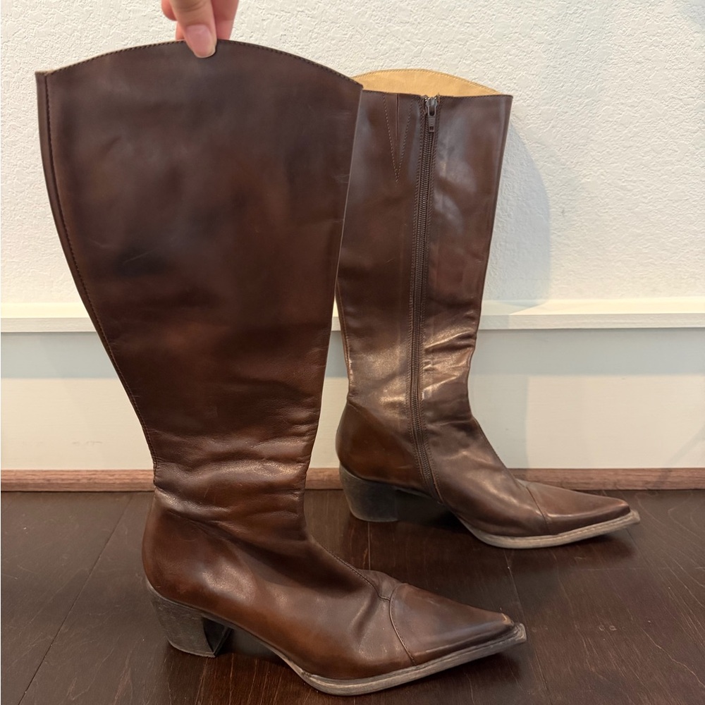 Vintage Brown Leather Knee-High Pointed Toe Boots